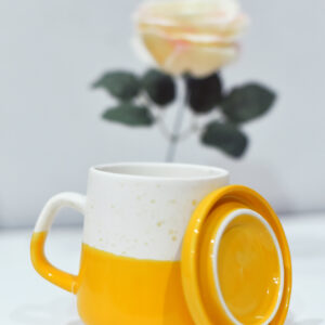 Ceramic Mug with Lid-White & Yellow
