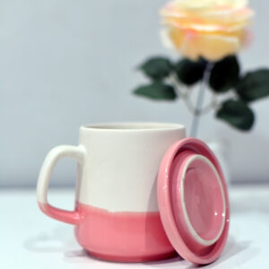 Premium Ceramic Mug with Lid-White and Pink