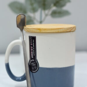 Ceramic Mug with Wooden Lid & Spoon – White & Grey