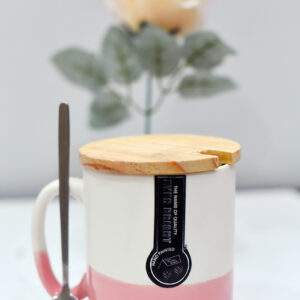 Ceramic Mug with Wooden Lid & Spoon – Pink & White